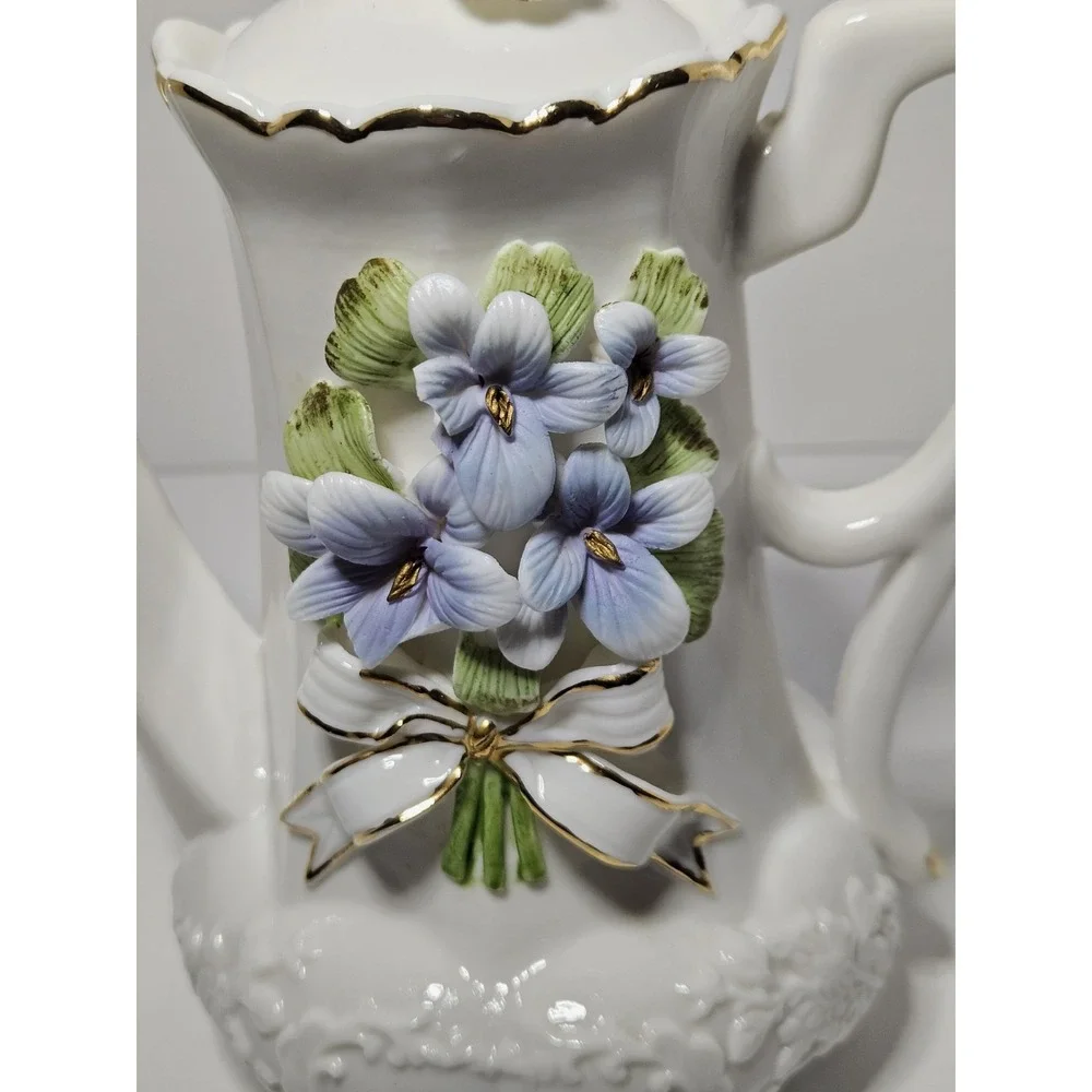 Porcelain Teapot 3D Applied Purple Violet Flowers White Gold Trim Footed Vintage
